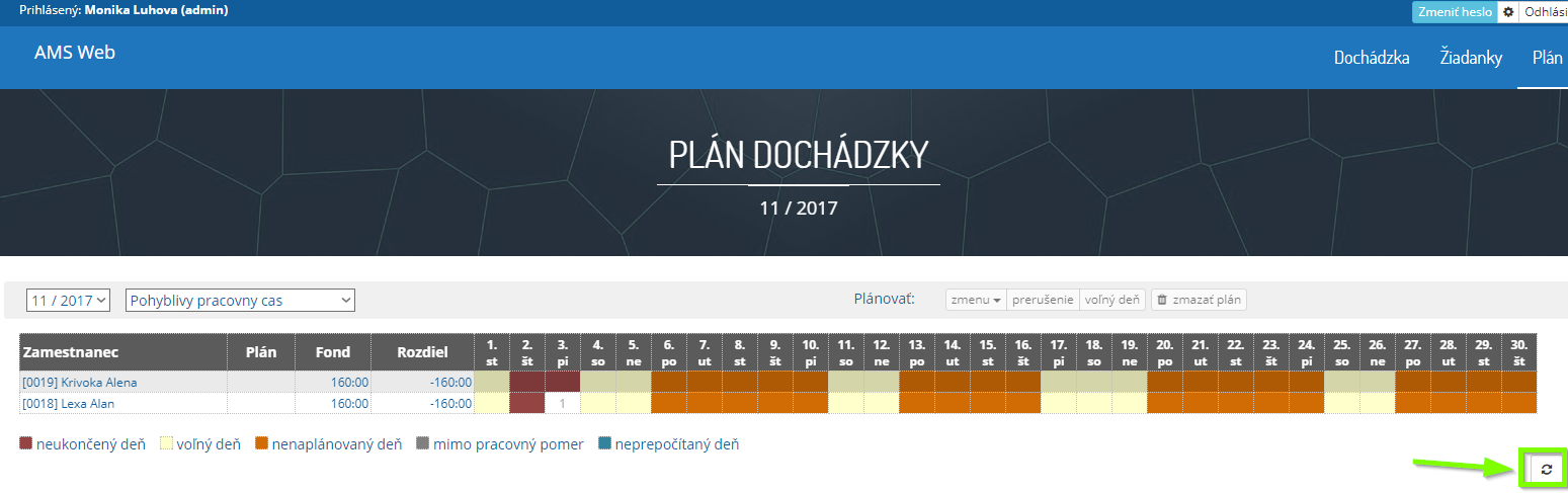 ams web planovanie zmazanie planu a tlacidlo refresh