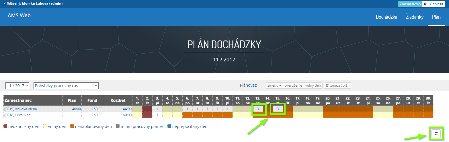 ams web planovanie tlacidlo refresh a zapisanie celodennho prerusenia