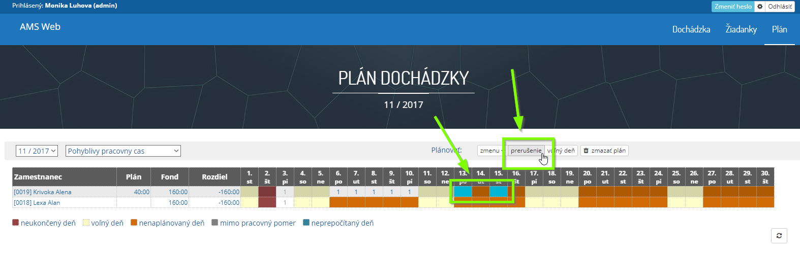 ams web planovanie tlacidlo prerusenia