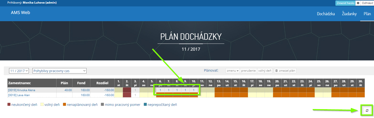 ams web planovanie zapisanie zmeny a tlacidlo refresh