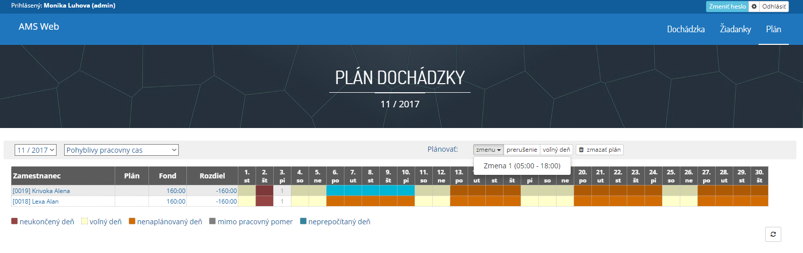 ams web planovanie vyber cisla zmeny
