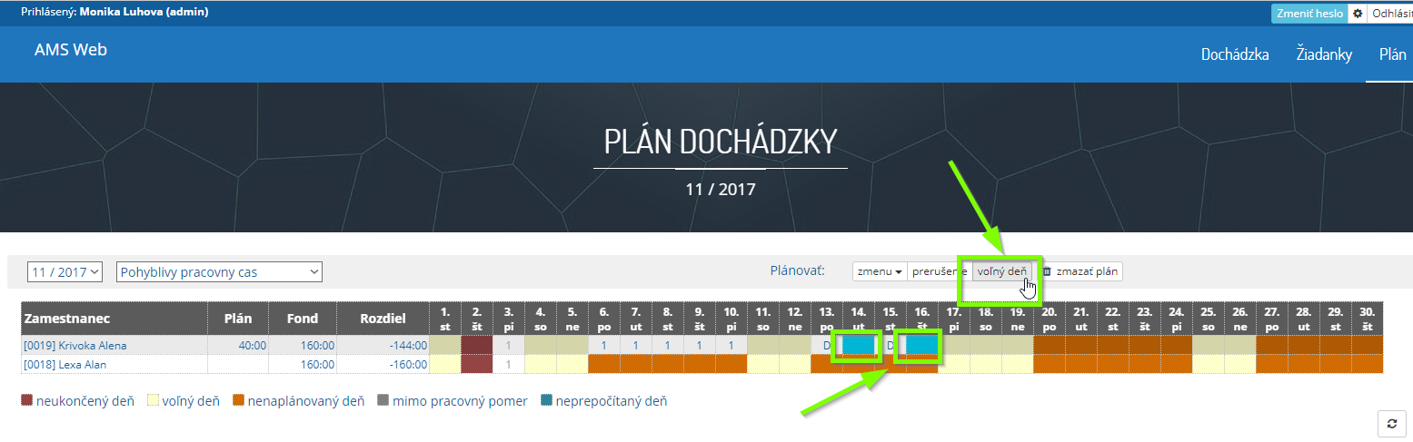 ams web planovanie tlacidlo volny den