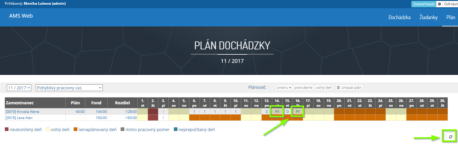 ams web planovanie tlacidlo refresh a naplanovany volny den