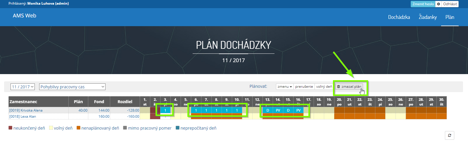 ams web planovanie zmazanie planu tlacidlo